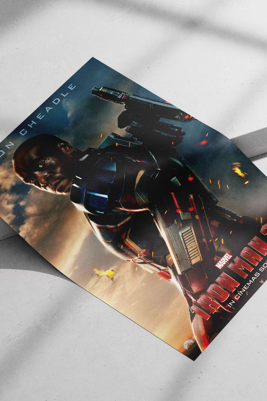 Don Cheadle as War Machine (James Rhodes) from Marvel's Iron Man 3 franchise. Main Subject: Don Cheadle as War Machine