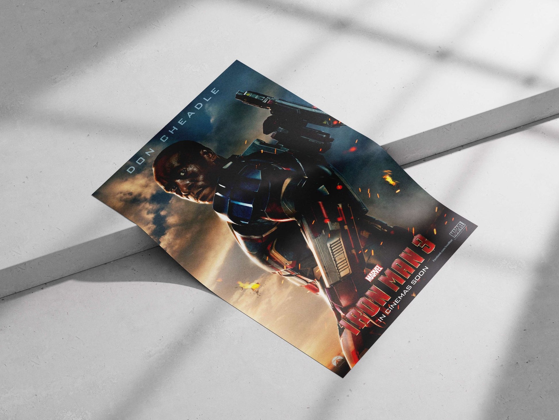 Don Cheadle as War Machine (James Rhodes) from Marvel's Iron Man 3 franchise. Main Subject: Don Cheadle as War Machine
