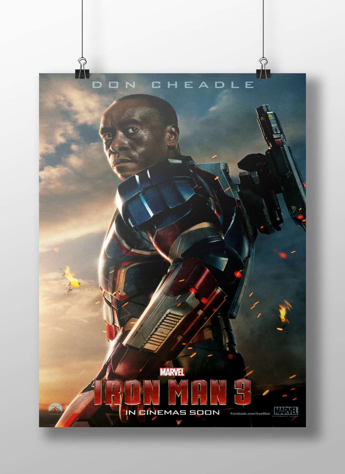Don Cheadle as War Machine (James Rhodes) from Marvel's Iron Man 3 franchise. Main Subject: Don Cheadle as War Machine