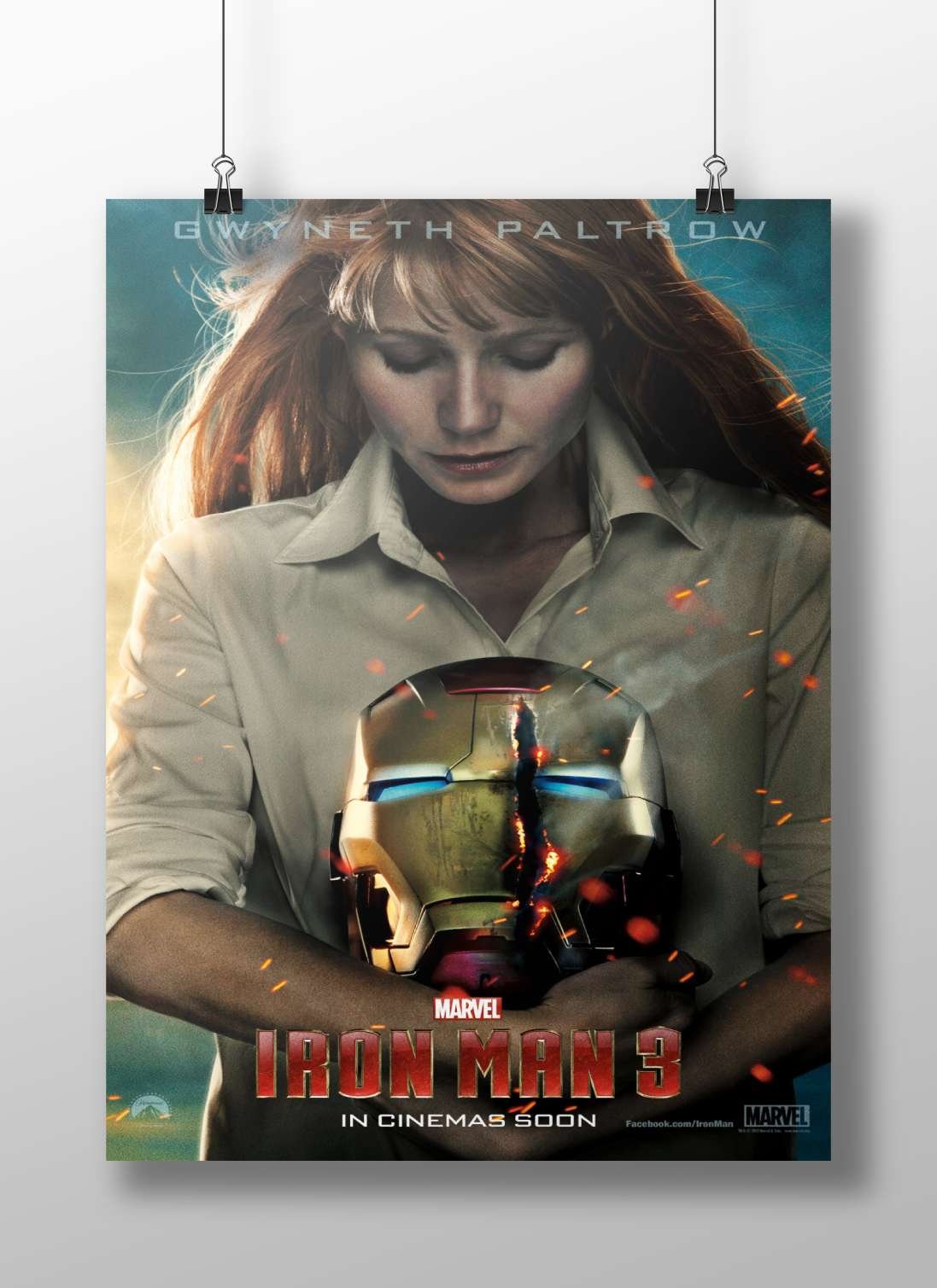 Gwyneth Paltrow as Pepper Potts holding an Iron Man helmet (Marvel's Iron Man franchise) Main Subject: Gwyneth Paltrow as