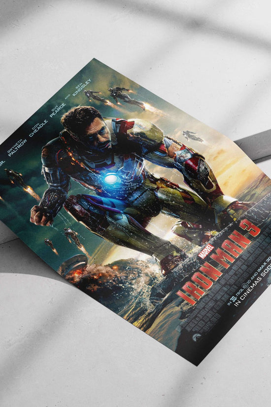 Robert Downey Jr. as Tony Stark (Iron Man) in the Mark 42 armor for *Iron Man 3*, part of the Marvel Cinematic Universe.