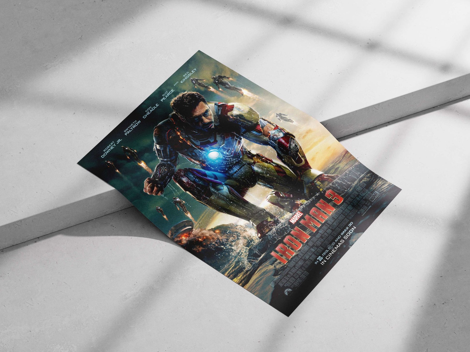 Robert Downey Jr. as Tony Stark (Iron Man) in the Mark 42 armor for *Iron Man 3*, part of the Marvel Cinematic Universe.