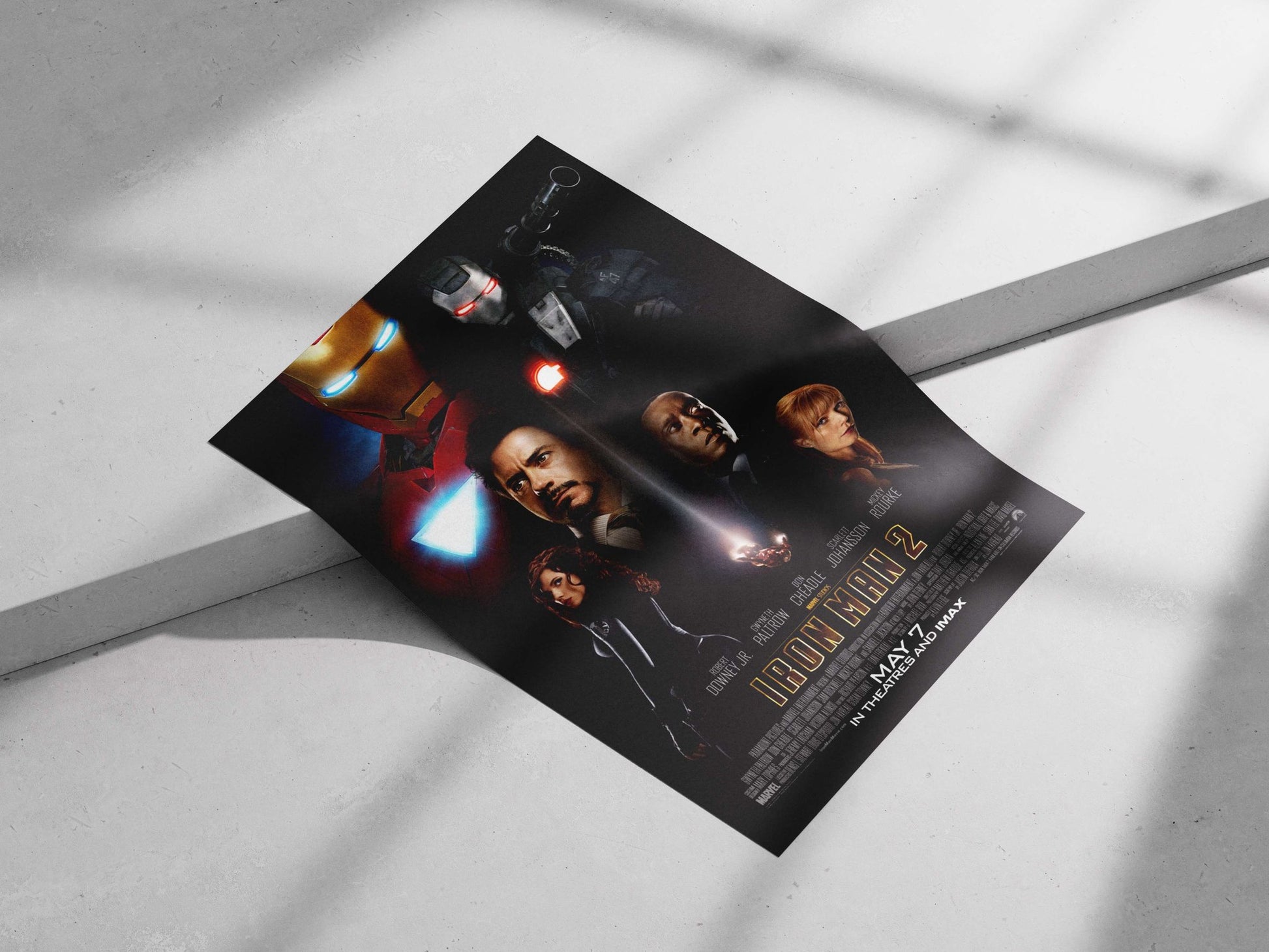 Marvel Cinematic Universe's Iron Man 2 film poster featuring Tony Stark (Iron Man), James Rhodes (War Machine), Natasha
