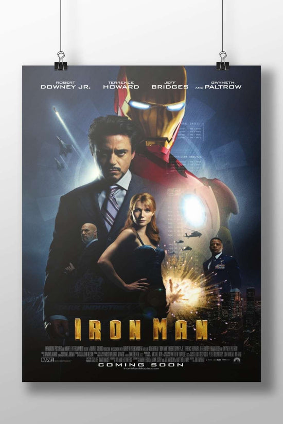 The 2008 film "Iron Man" starring Robert Downey Jr. as Tony Stark, Terrence Howard as James Rhodes, Jeff Bridges as Howard