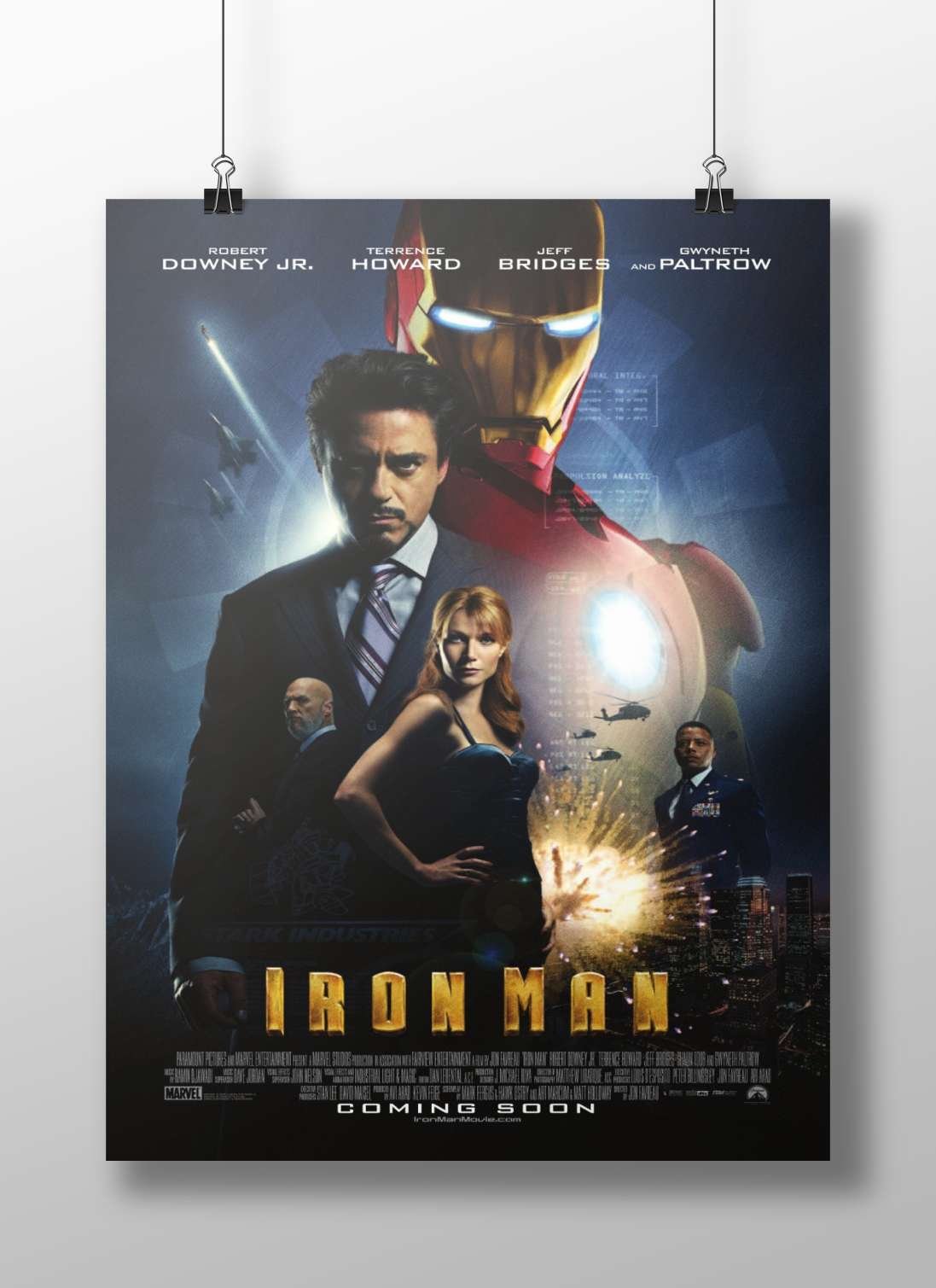 The 2008 film "Iron Man" starring Robert Downey Jr. as Tony Stark, Terrence Howard as James Rhodes, Jeff Bridges as Howard
