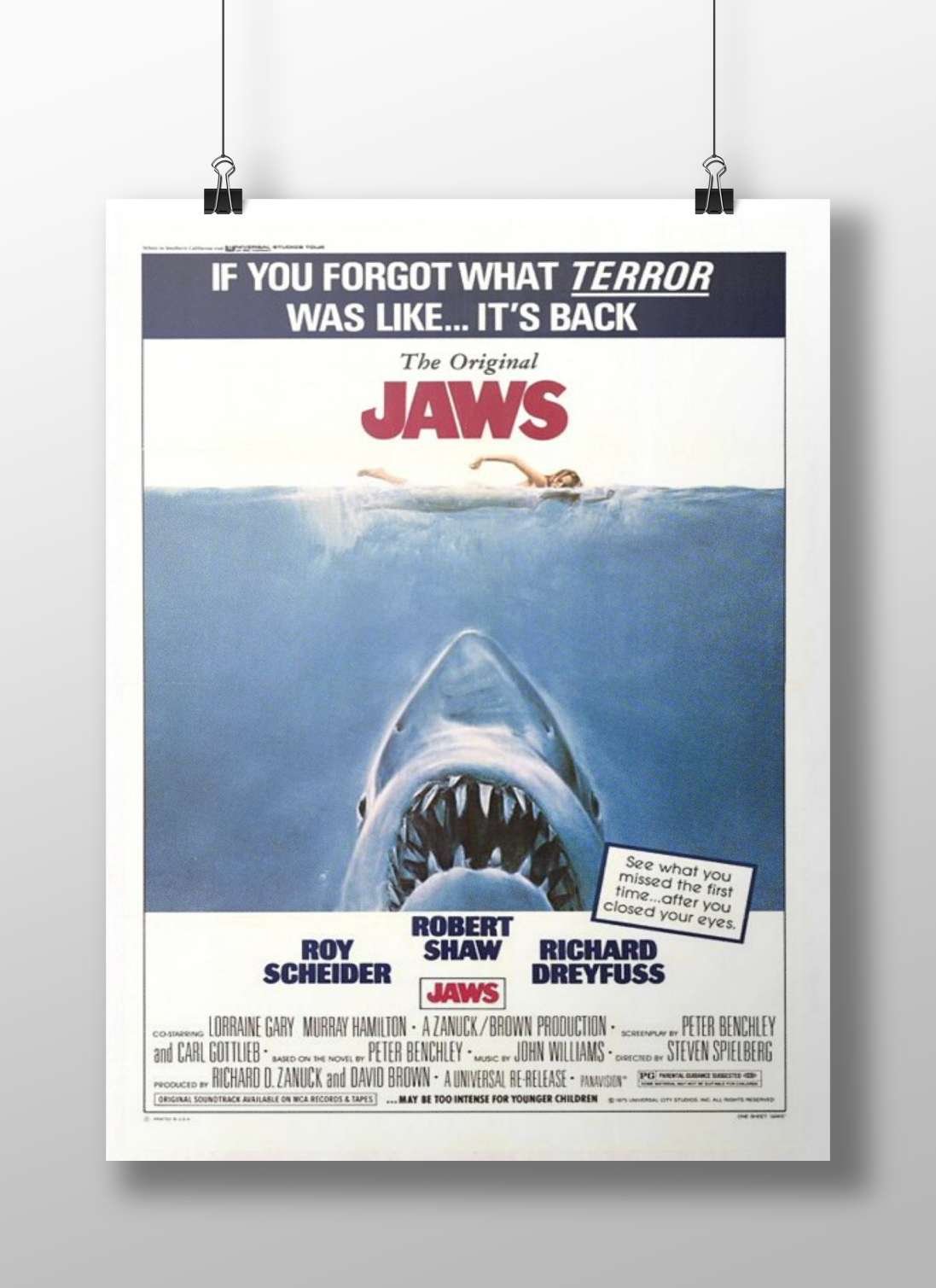 The Original Jaws (1975 film) movie poster Main Subject: The Original Jaws (1975 film) movie poster Matte BoizzBoard rigid