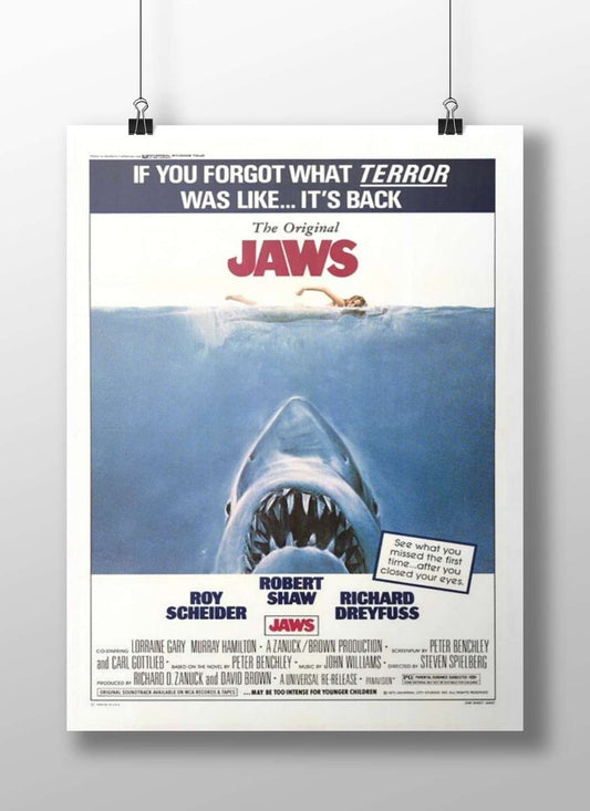 The Original Jaws (1975 film) movie poster Main Subject: The Original Jaws (1975 film) movie poster Matte BoizzBoard rigid