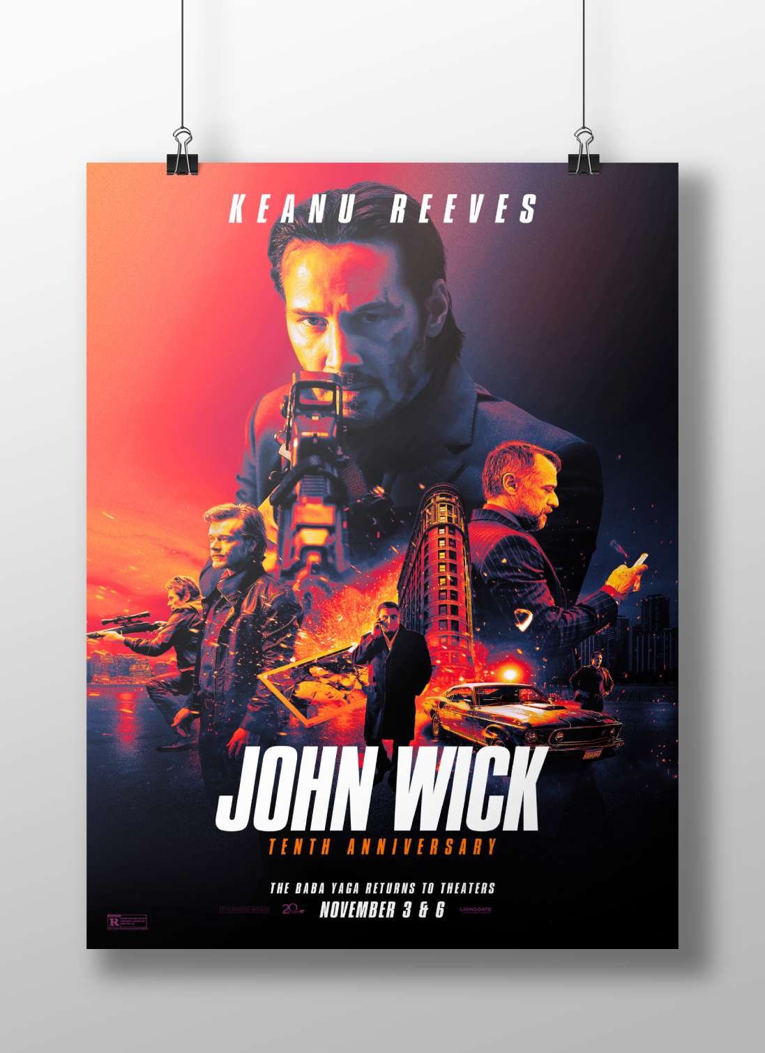 John Wick (franchise), Keanu Reeves (actor), Baba Yaga (deity), and Ford Mustang (car model) Main Subject: John Wick