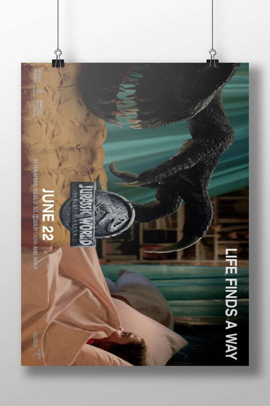 Jurassic World (franchise) movie poster featuring a Tyrannosaurus rex Main Subject: Jurassic World (franchise) movie poster