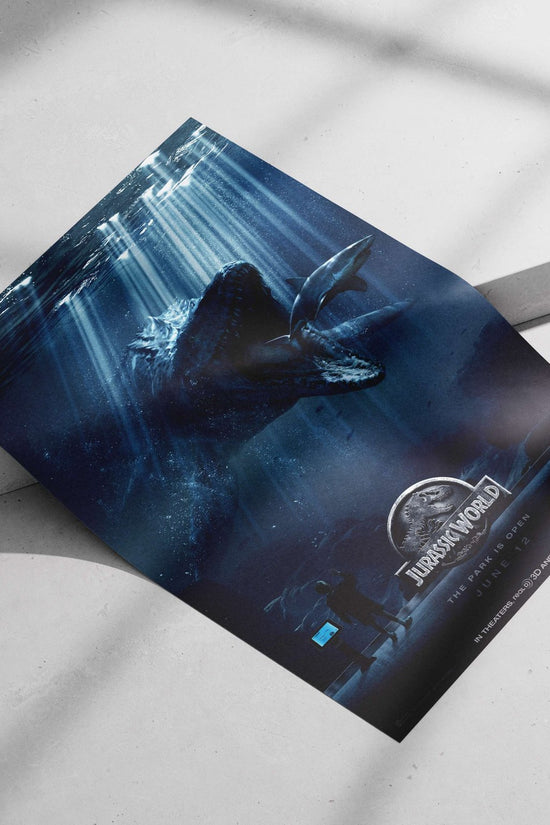 The Mosasaurus and Megalodon shark from the Jurassic World franchise. Main Subject: The Mosasaurus and Megalodon shark from