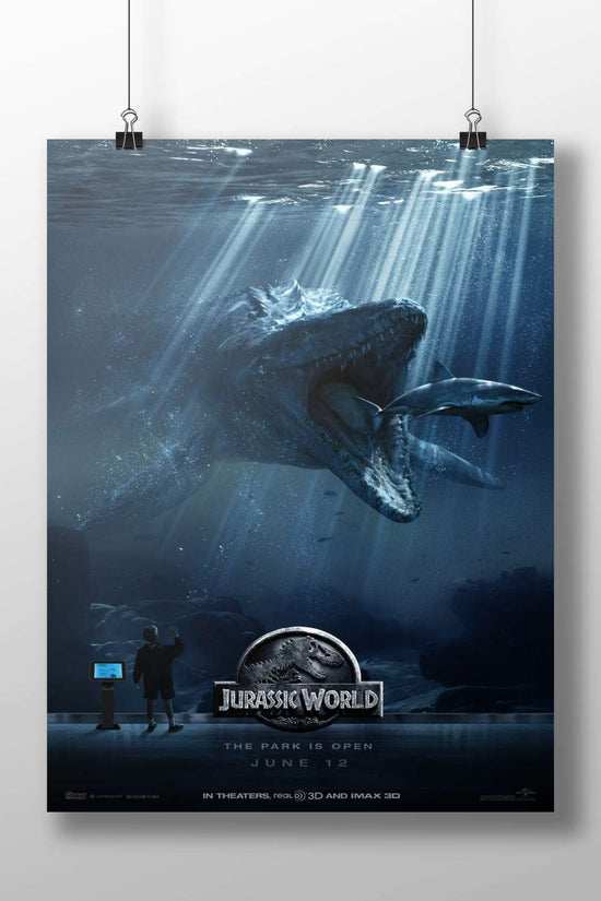 The Mosasaurus and Megalodon shark from the Jurassic World franchise. Main Subject: The Mosasaurus and Megalodon shark from