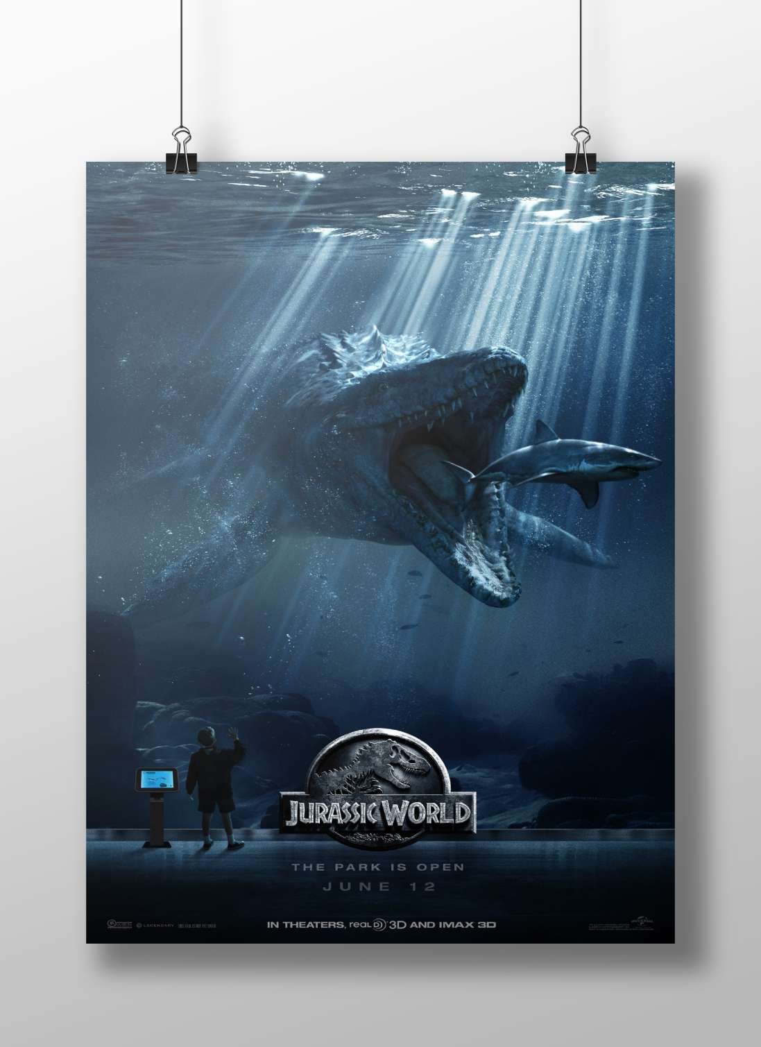The Mosasaurus and Megalodon shark from the Jurassic World franchise. Main Subject: The Mosasaurus and Megalodon shark from