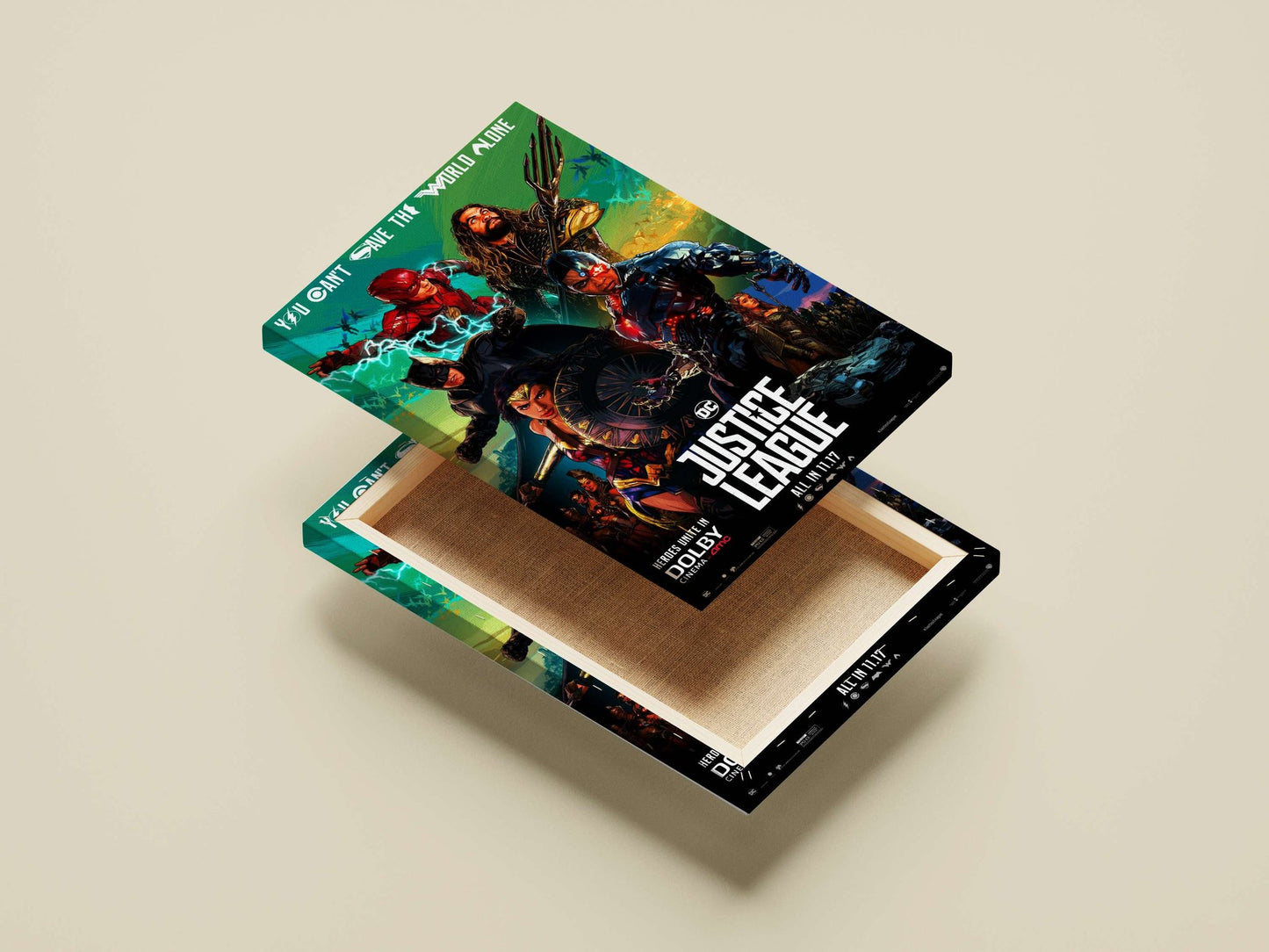 The DC Comics Justice League heroes (Barry Allen as Flash, Arthur Curry as Aquaman, Bruce Wayne as Batman, Diana Prince as