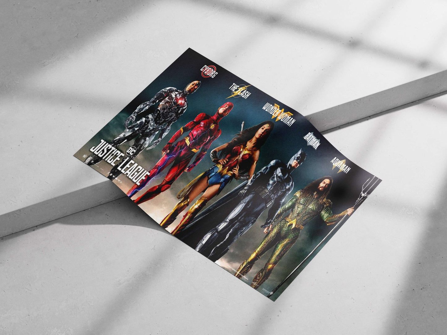 Cyborg, The Flash, Wonder Woman, Batman, and Aquaman (DC Justice League superheroes). Main Subject: Cyborg, The Flash,