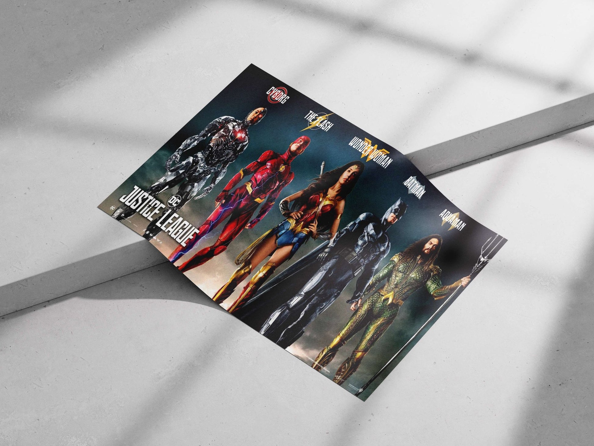 Cyborg, The Flash, Wonder Woman, Batman, and Aquaman (DC Justice League superheroes). Main Subject: Cyborg, The Flash,
