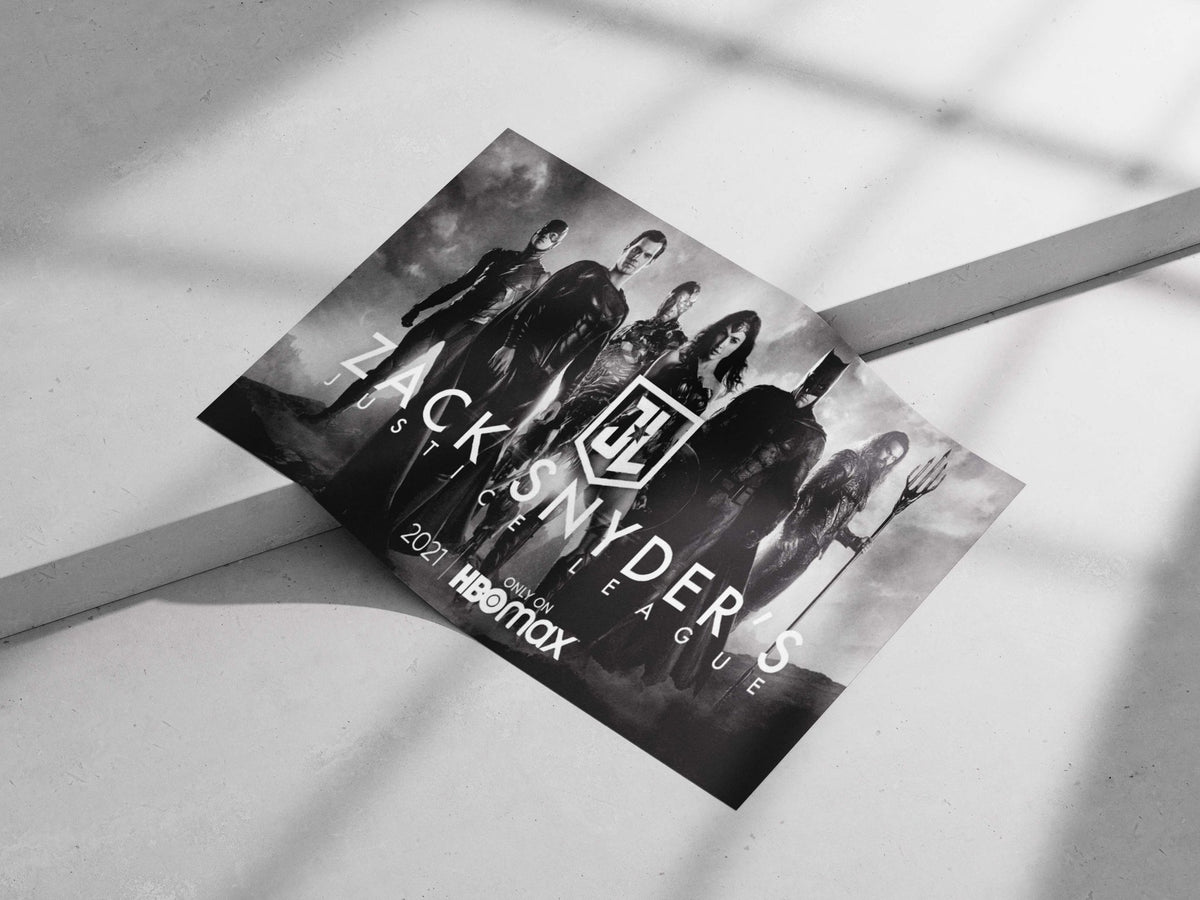 The image features real characters from DC Comics—Superman, Batman, Wonder Woman, Cyborg, and Aquaman—from Zack Snyder’s