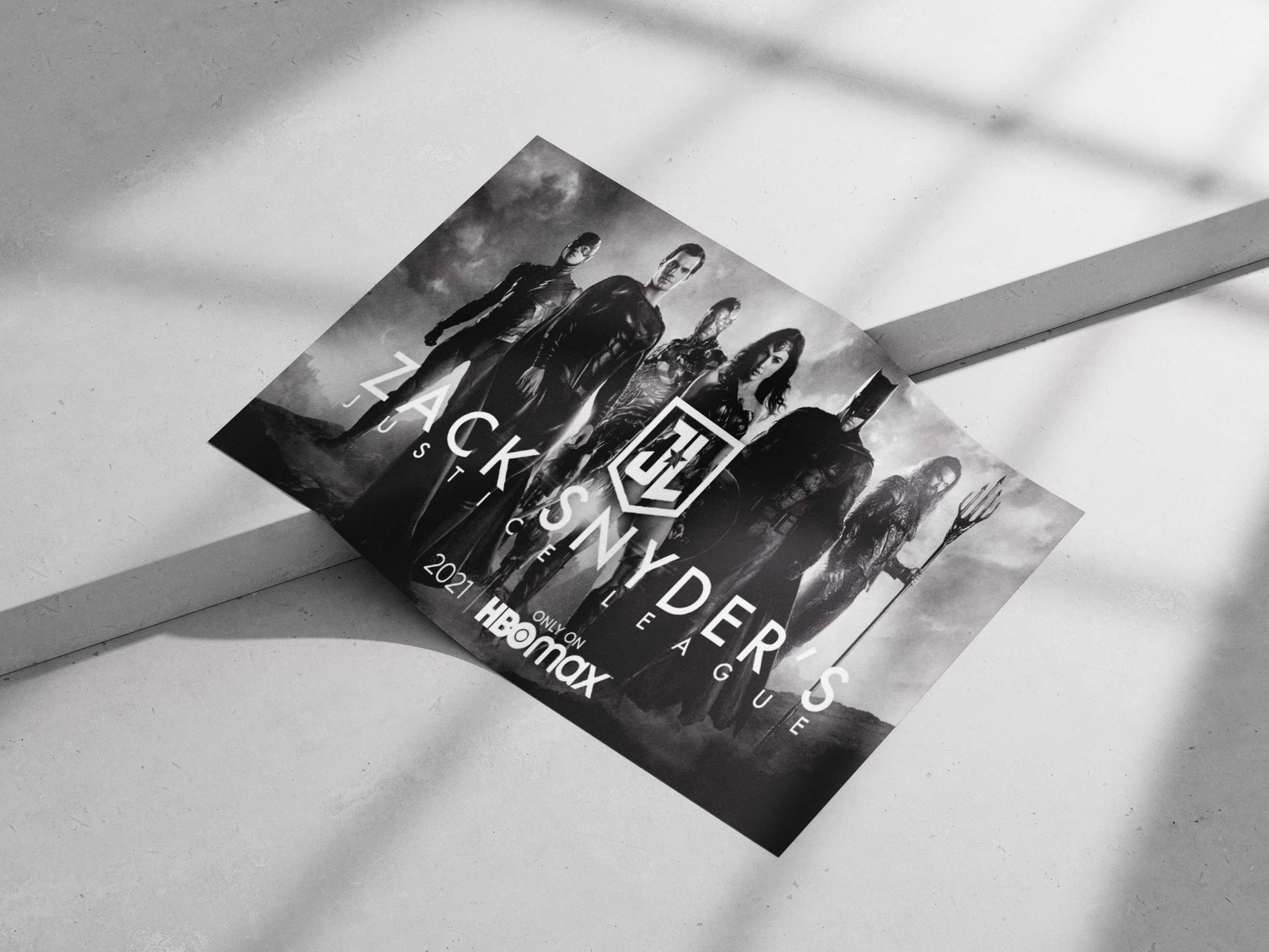 The image features real characters from DC Comics—Superman, Batman, Wonder Woman, Cyborg, and Aquaman—from Zack Snyder’s