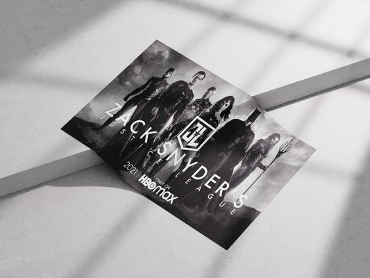 The image features real characters from DC Comics—Superman, Batman, Wonder Woman, Cyborg, and Aquaman—from Zack Snyder’s