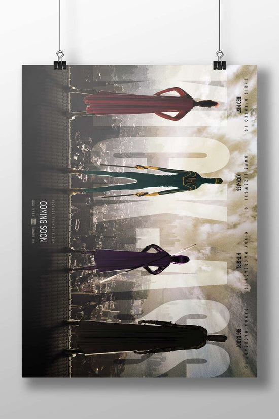 Kick-Ass 2 characters (Kick-Ass, Red Mist, Hit-Girl, Big Daddy) from the film franchise. Main Subject: Kick-Ass 2 characters