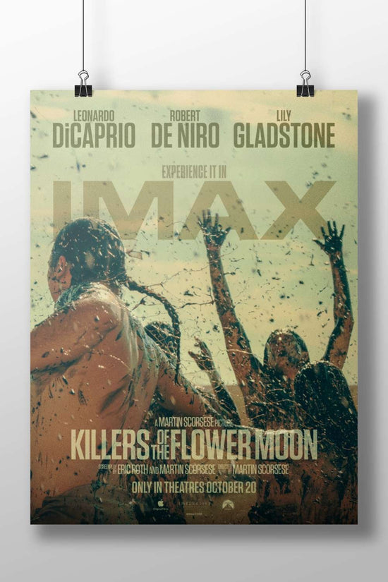 The movie poster for "Killers of the Flower Moon" featuring Leonardo DiCaprio, Robert De Niro, and Lily Gladstone. Main