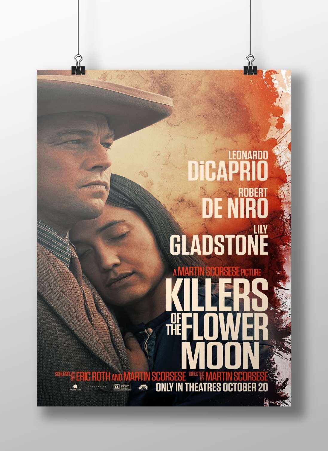 The film "Killers of the Flower Moon" starring Leonardo DiCaprio, Robert De Niro, and Lily Gladstone. Main Subject: The film