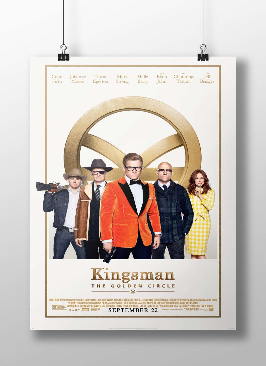 Kingsman: The Golden Circle franchise featuring actors Colin Firth, Julianne Moore, Taron Egerton, Mark Strong, Halle Berry,