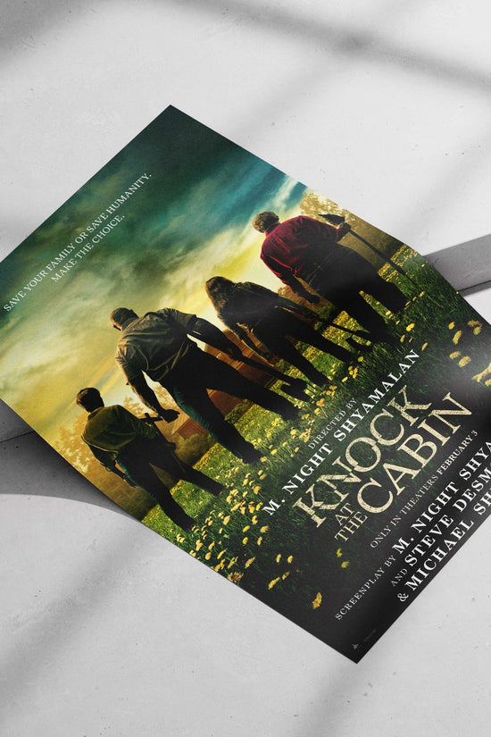 The movie poster for "Knock at the Cabin" directed by M. Night Shyamalan. Main Subject: The movie poster for "Knock at the