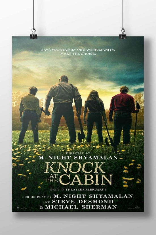 The movie poster for "Knock at the Cabin" directed by M. Night Shyamalan. Main Subject: The movie poster for "Knock at the