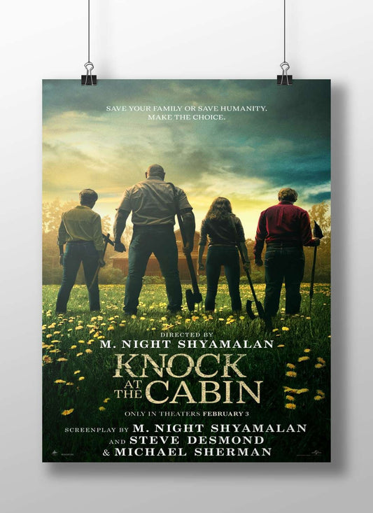 The movie poster for "Knock at the Cabin" directed by M. Night Shyamalan. Main Subject: The movie poster for "Knock at the