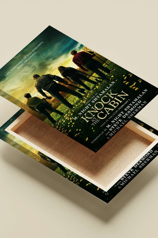 The movie poster for "Knock at the Cabin" directed by M. Night Shyamalan. Main Subject: The movie poster for "Knock at the