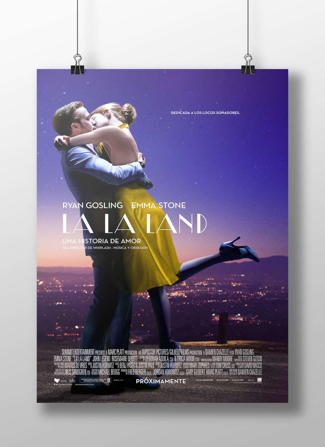 "La La Land" (Spanish title) film, featuring actors Ryan Gosling and Emma Stone. Main Subject: "La La Land" (Spanish title)
