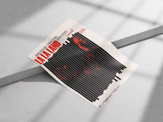 The movie poster for "La La Land" featuring Ryan Gosling, Emma Stone, and John Legend. Main Subject: The movie poster for