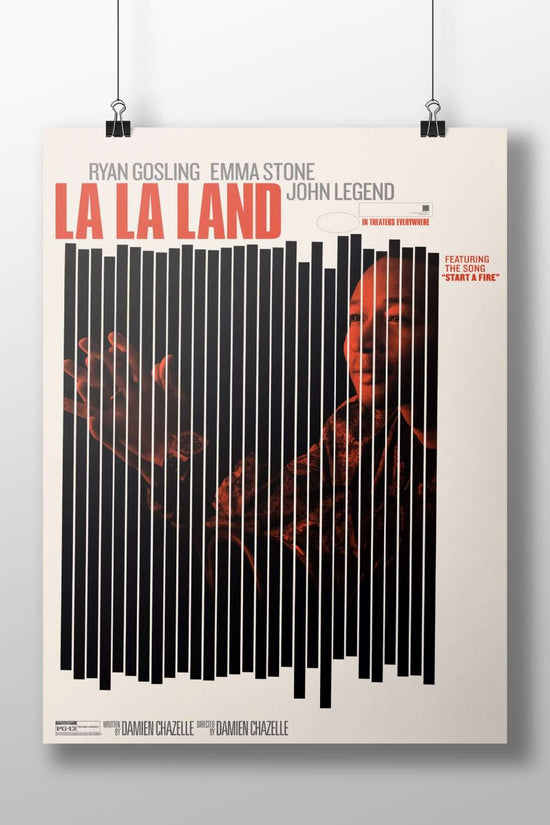 The movie poster for "La La Land" featuring Ryan Gosling, Emma Stone, and John Legend. Main Subject: The movie poster for