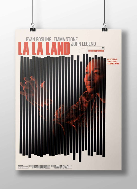 The movie poster for "La La Land" featuring Ryan Gosling, Emma Stone, and John Legend. Main Subject: The movie poster for