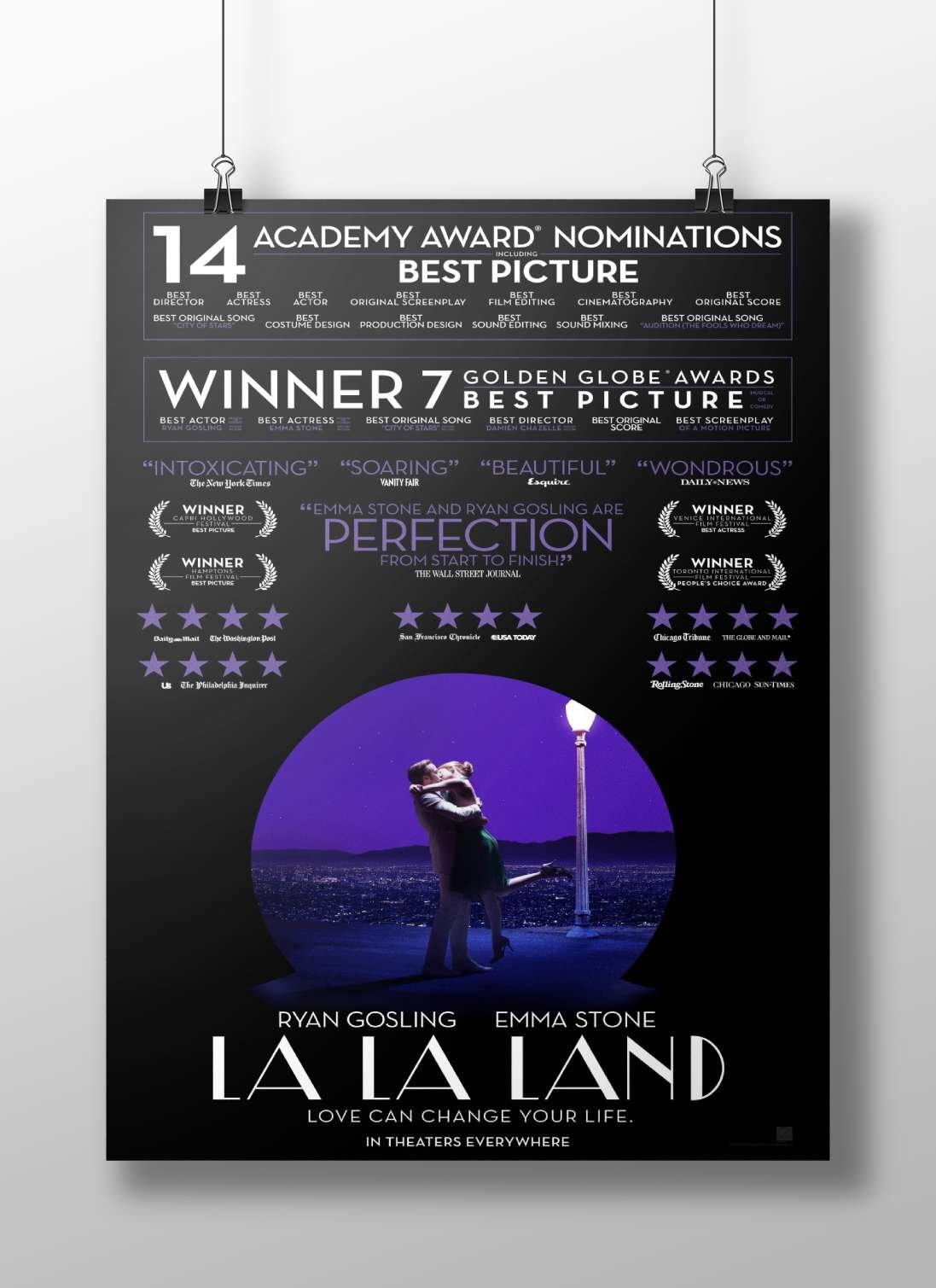 The film "La La Land" starring Ryan Gosling and Emma Stone. Main Subject: The film "La La Land" starring Ryan Gosling and