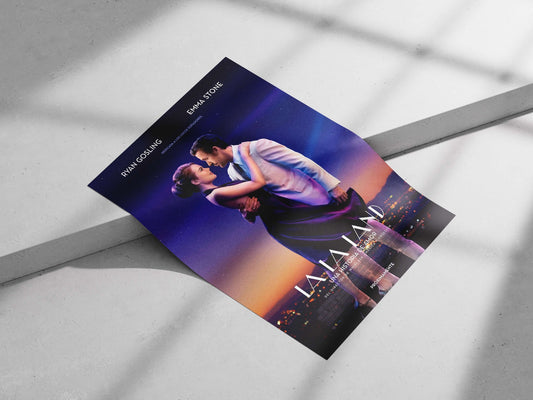 The movie poster for "La La Land" starring Ryan Gosling and Emma Stone. Main Subject: The movie poster for "La La Land"