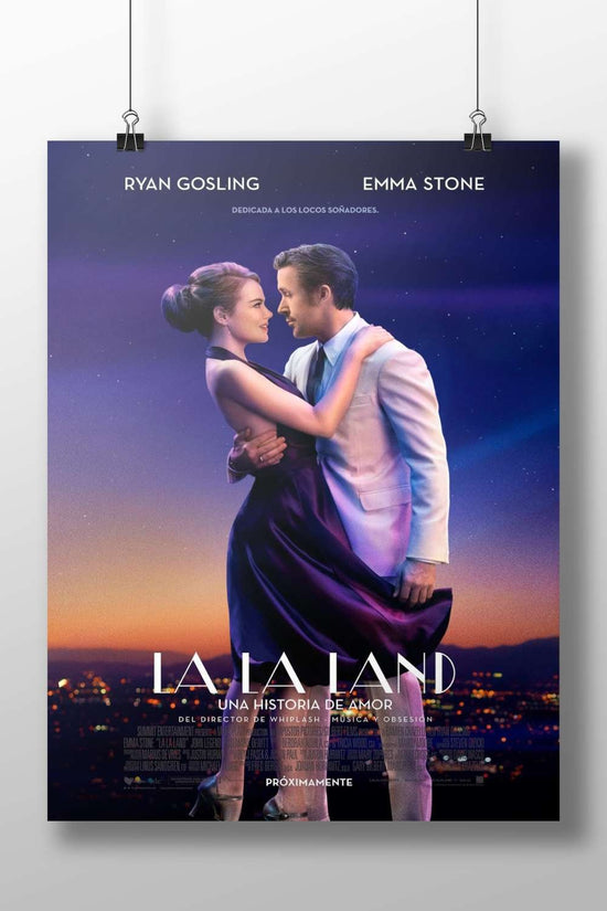 The movie poster for "La La Land" starring Ryan Gosling and Emma Stone. Main Subject: The movie poster for "La La Land"
