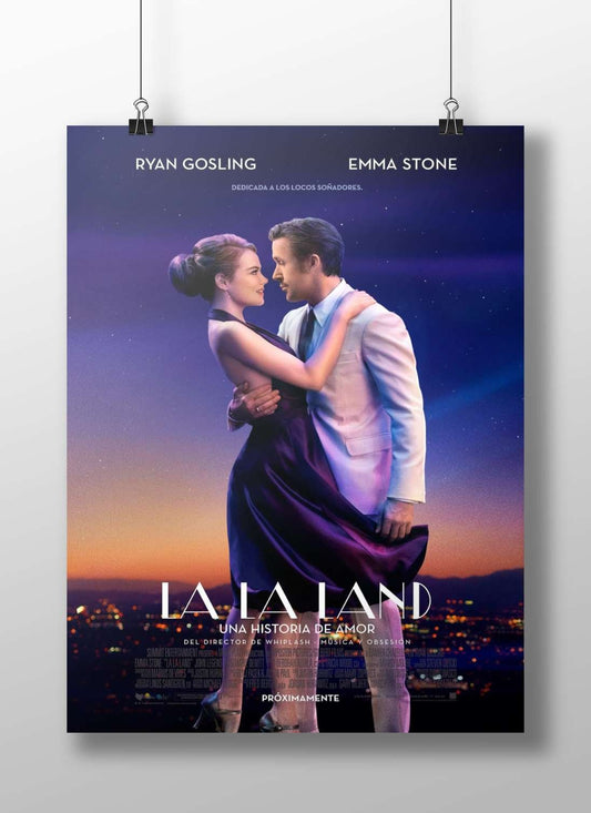 The movie poster for "La La Land" starring Ryan Gosling and Emma Stone. Main Subject: The movie poster for "La La Land"