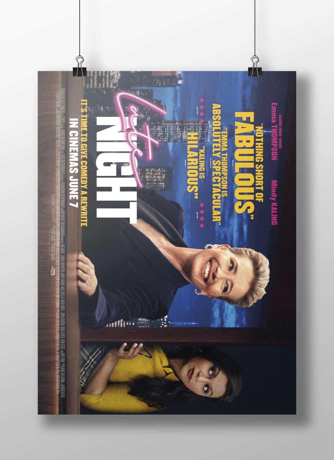 The movie "Late Night" starring Emma Thompson and Mindy Kaling. Main Subject: The movie "Late Night" starring Emma Thompson