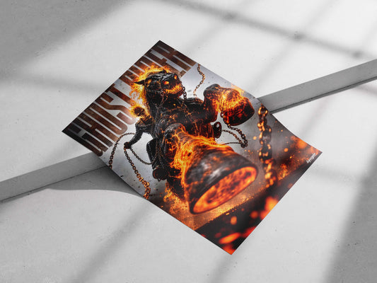 Ghost Rider (Marvel Comics character) as Johnny Blaze riding a flaming horse. Main Subject: Ghost Rider (Marvel Comics