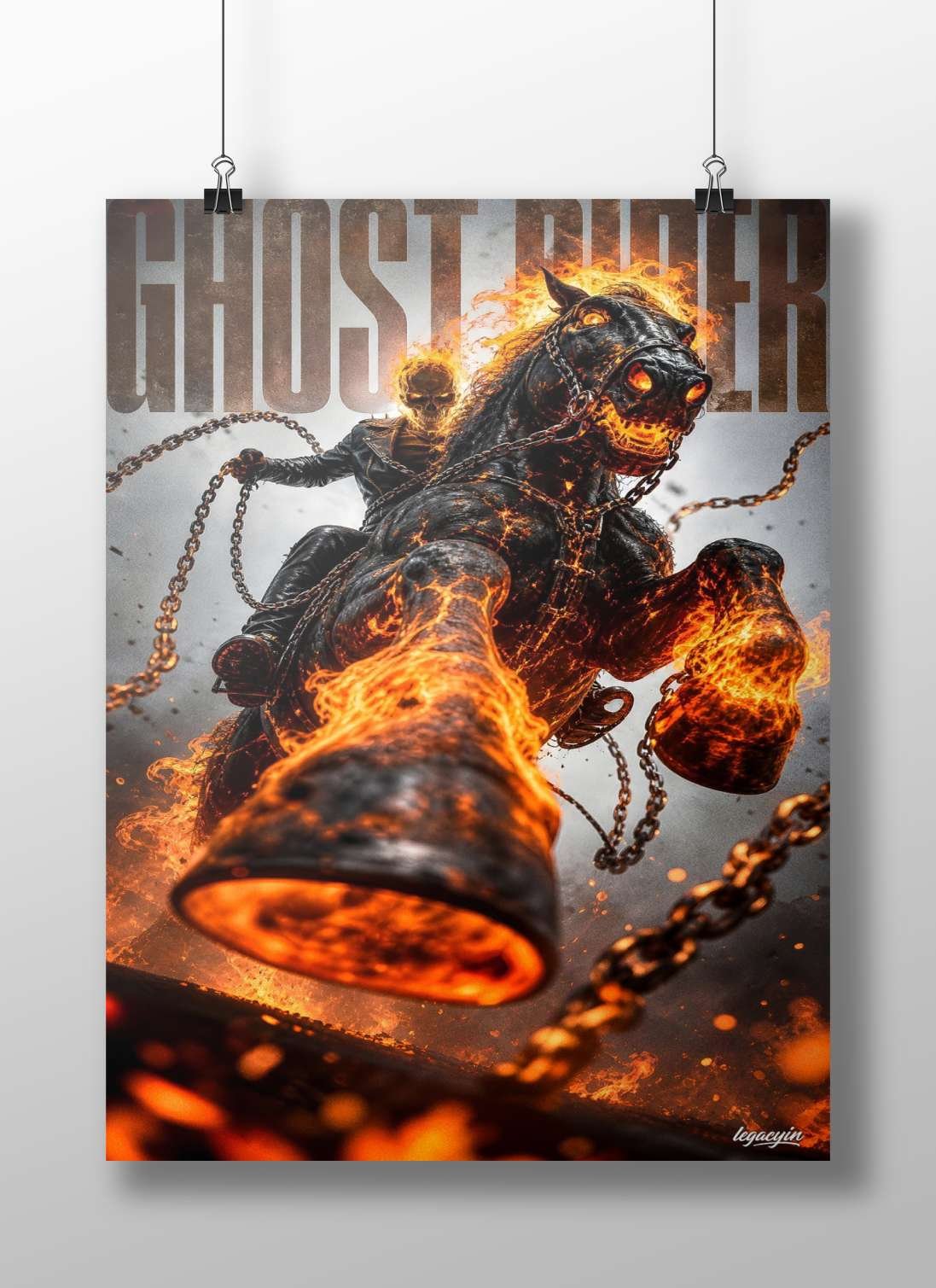 Ghost Rider (Marvel Comics character) as Johnny Blaze riding a flaming horse. Main Subject: Ghost Rider (Marvel Comics