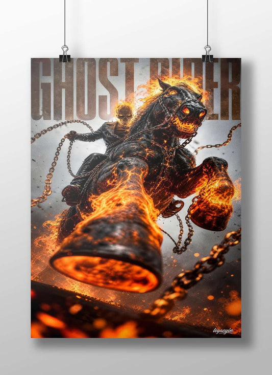 Ghost Rider (Marvel Comics character) as Johnny Blaze riding a flaming horse. Main Subject: Ghost Rider (Marvel Comics