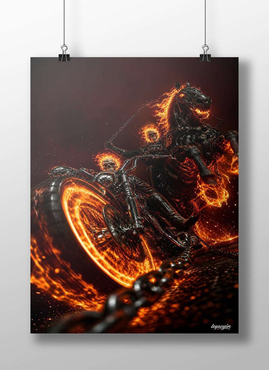 Ghost Rider (Marvel Comics character) with flaming motorcycle and fiery horse Main Subject: Ghost Rider (Marvel Comics