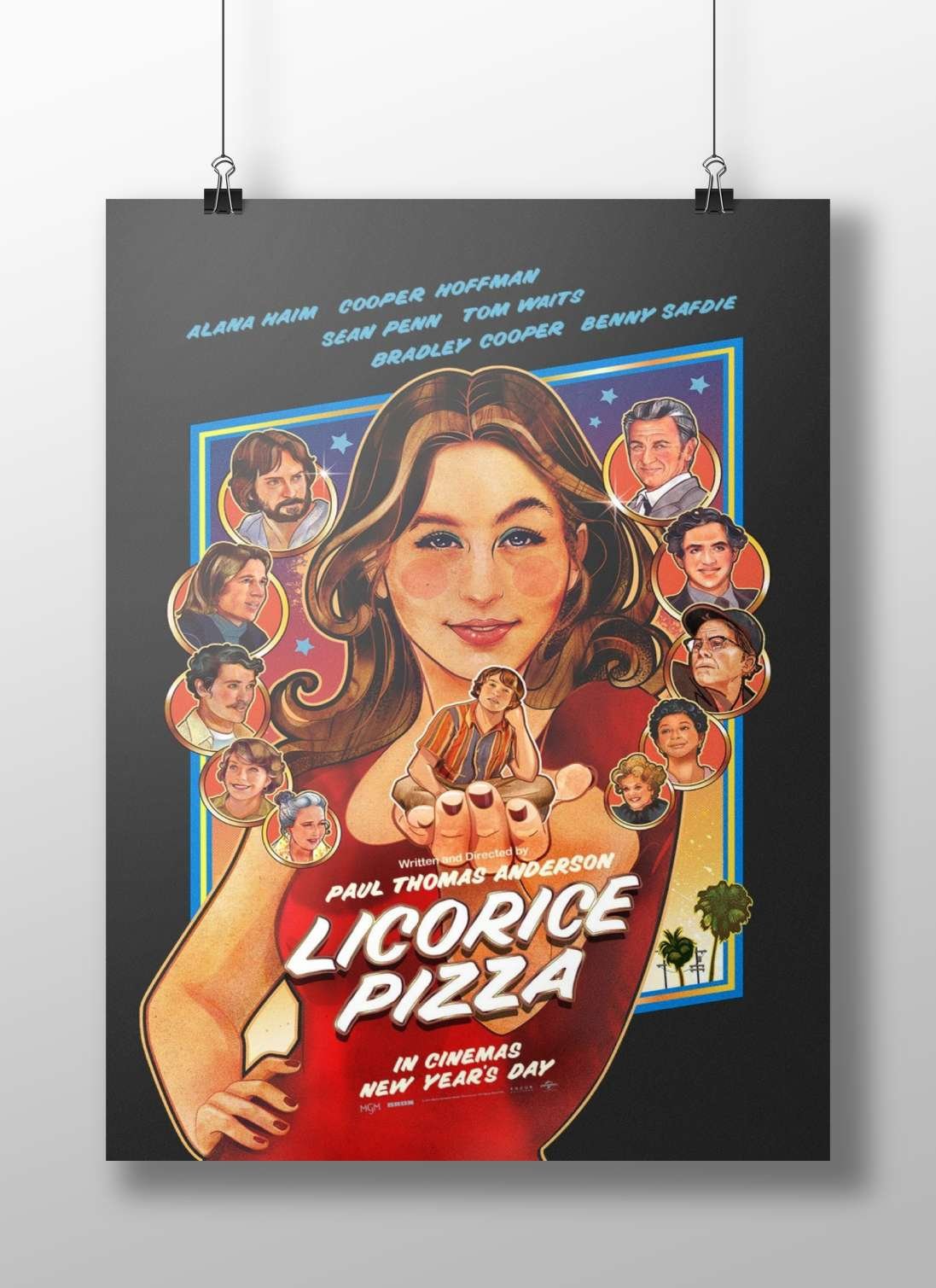 Licorice Pizza (film) directed by Paul Thomas Anderson, starring Alana Haim, Cooper Hoffman, Sean Penn, Tom Waits, Bradley