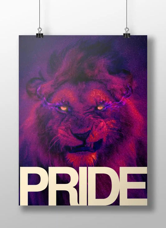 PRIDE – Fierce Neon Lion Poster | Motivational Animal Wall Art