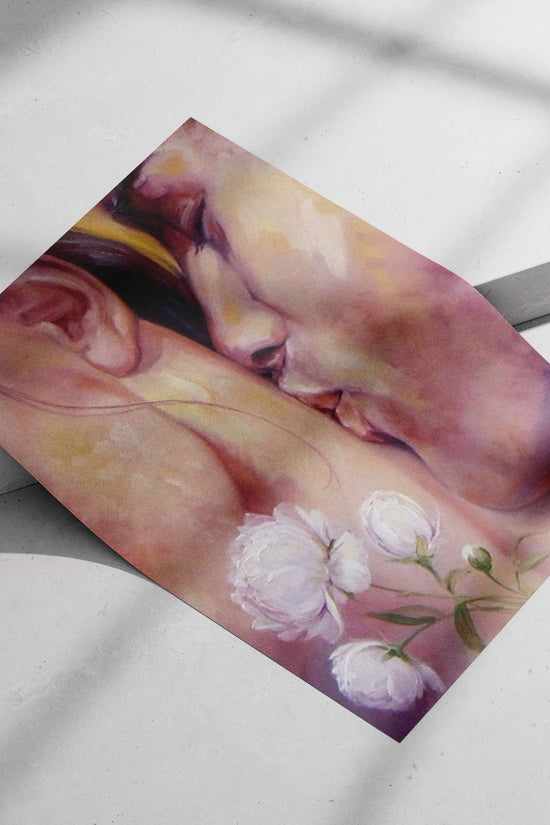 Intimate close-up painting of a couple kissing with white peonies on a bare shoulder Intimate