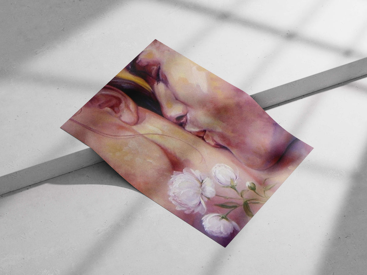 Intimate close-up painting of a couple kissing with white peonies on a bare shoulder Intimate