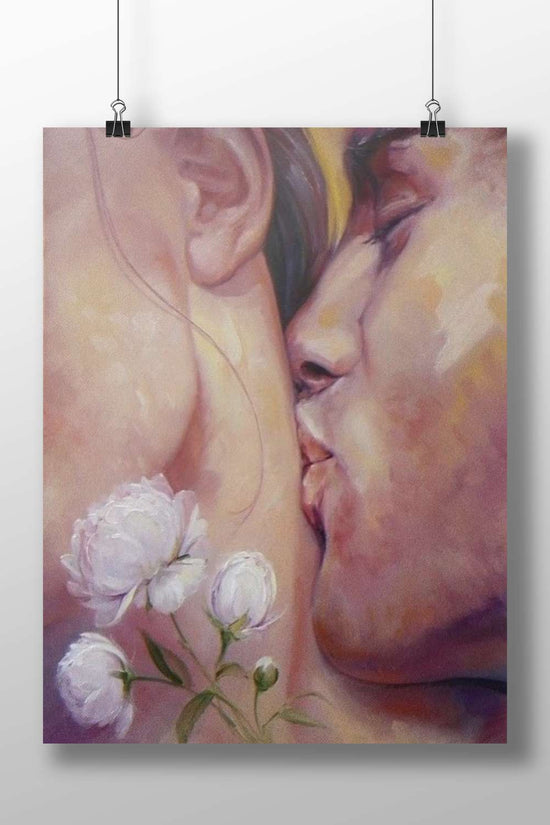 Intimate close-up painting of a couple kissing with white peonies on a bare shoulder Intimate
