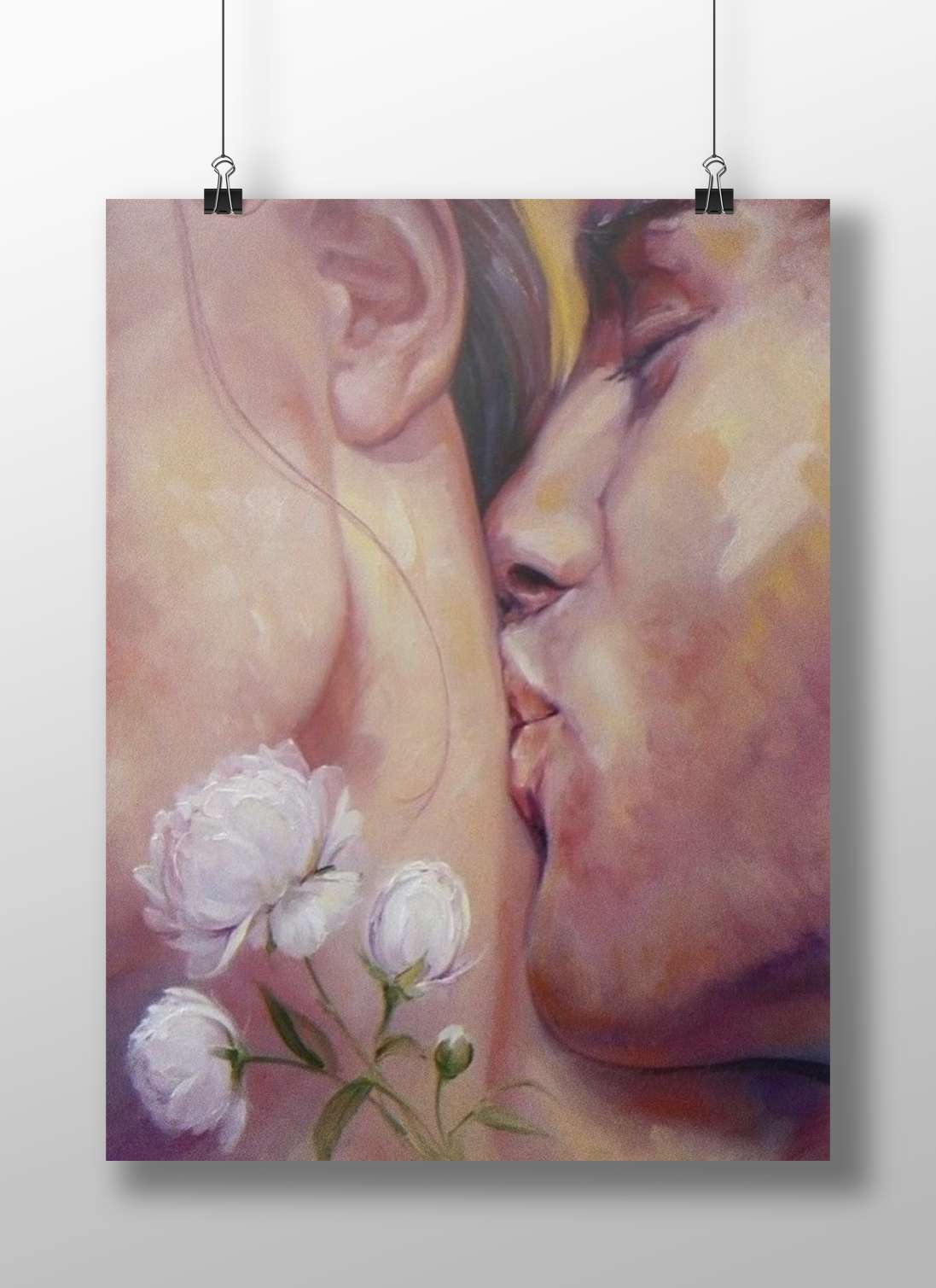 Intimate close-up painting of a couple kissing with white peonies on a bare shoulder Intimate