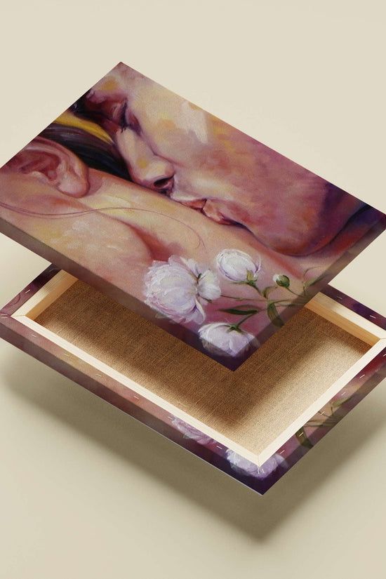 Intimate close-up painting of a couple kissing with white peonies on a bare shoulder Intimate